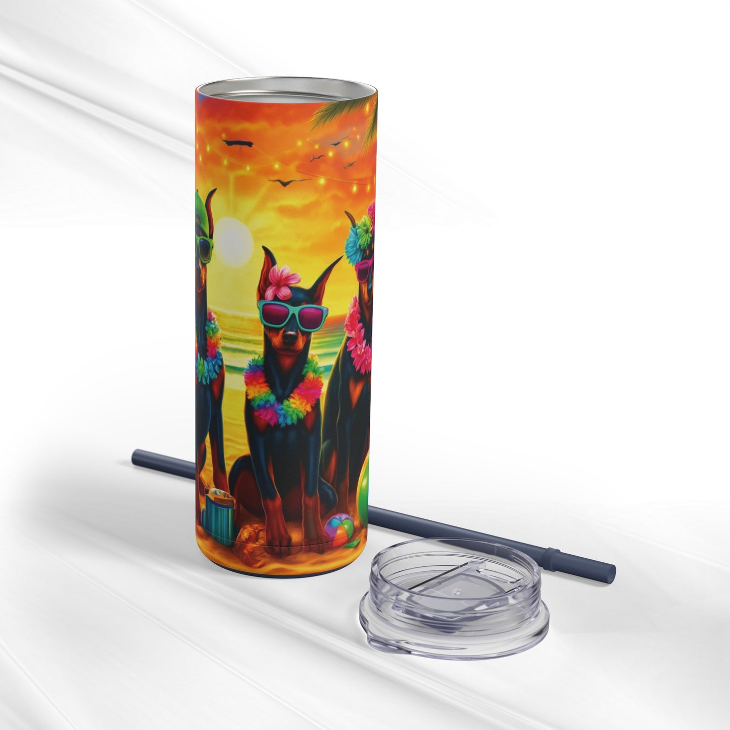 Three Amigos Doberman Beach Party 20oz Stainless Steel Tumbler