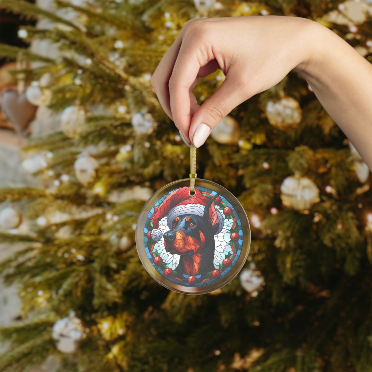 Doberman Wearing Santa Hat Glass Ornaments