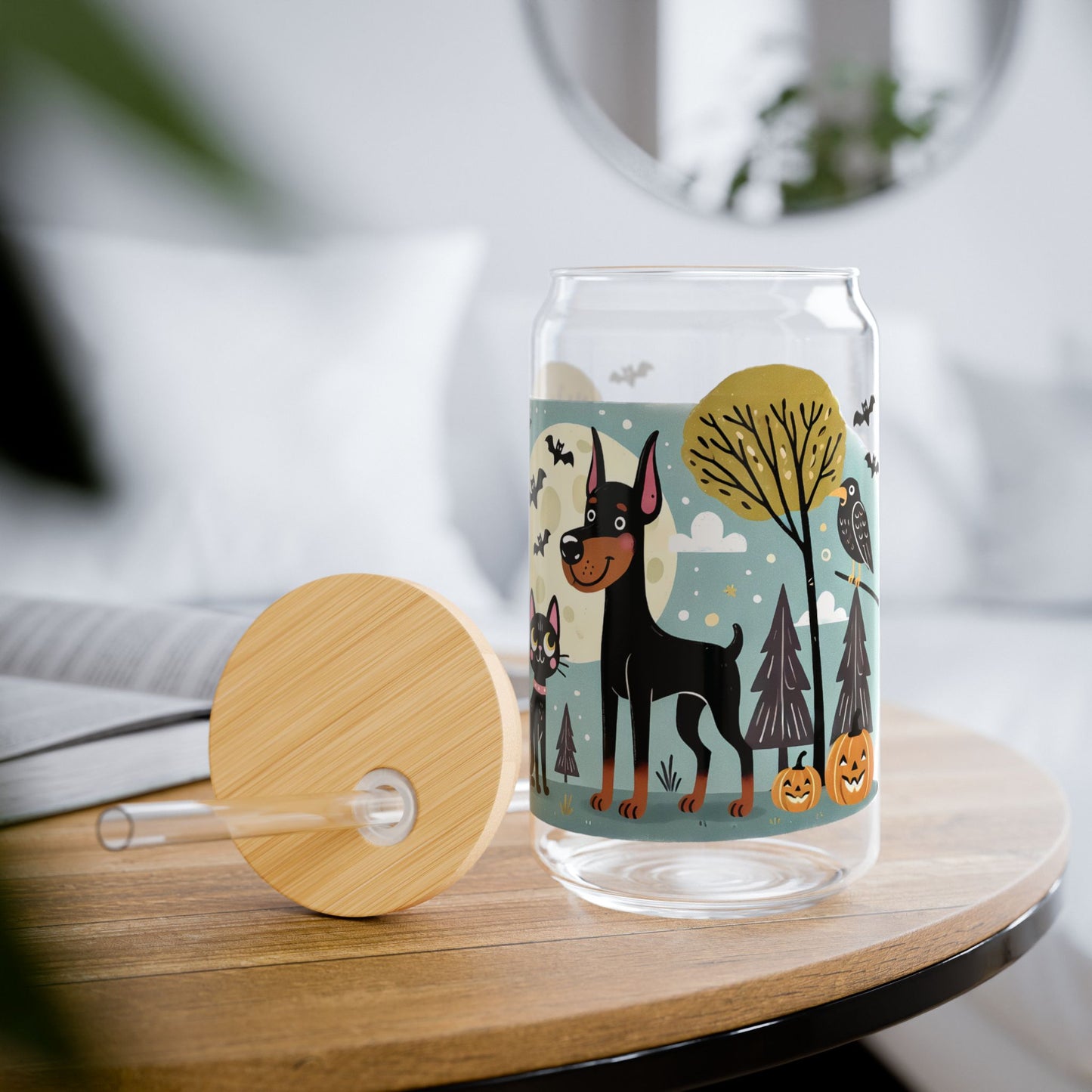 Whimsical Halloween Doberman Glass Can Tumbler