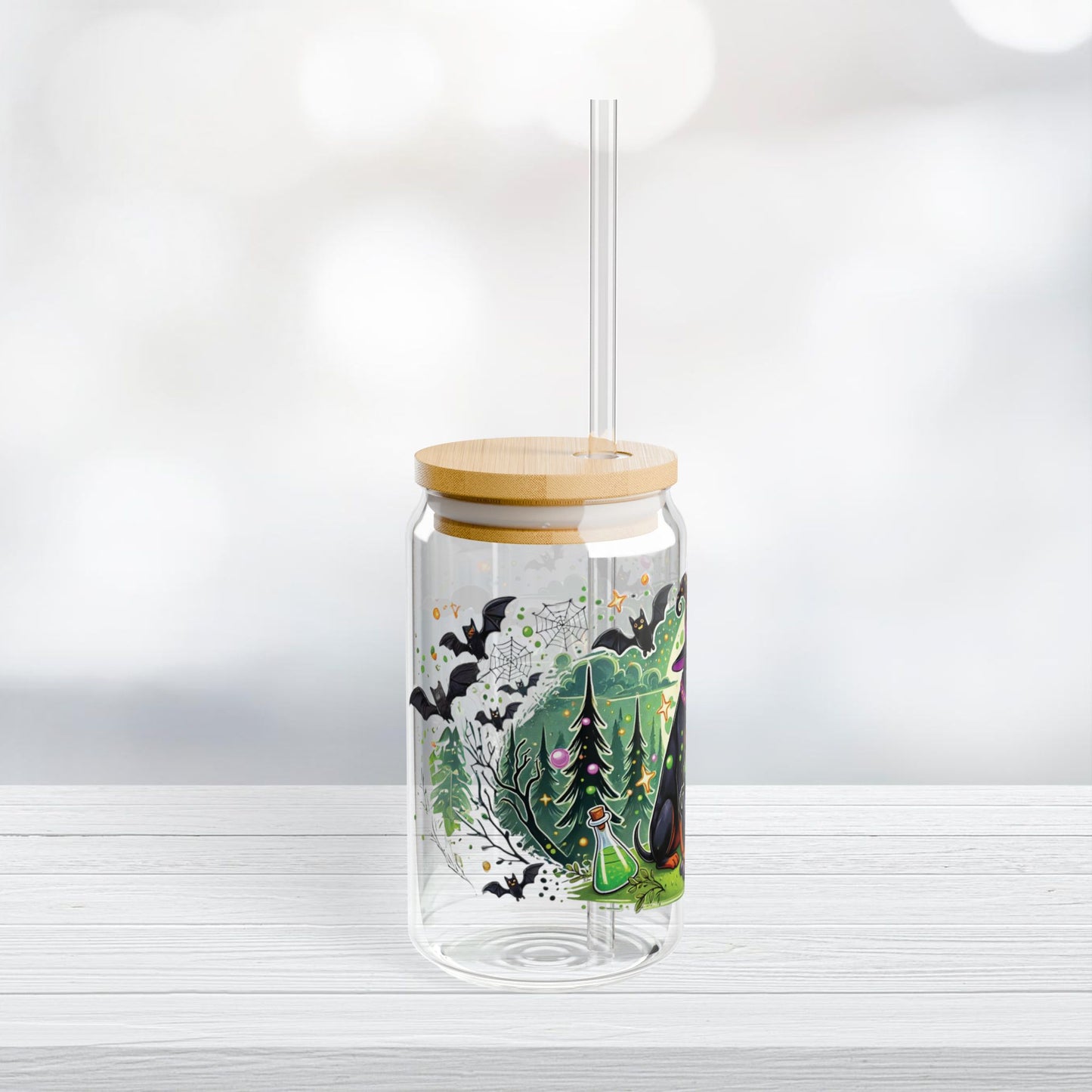 Enchanting Halloween Witch Doberman Glass Can Tumbler