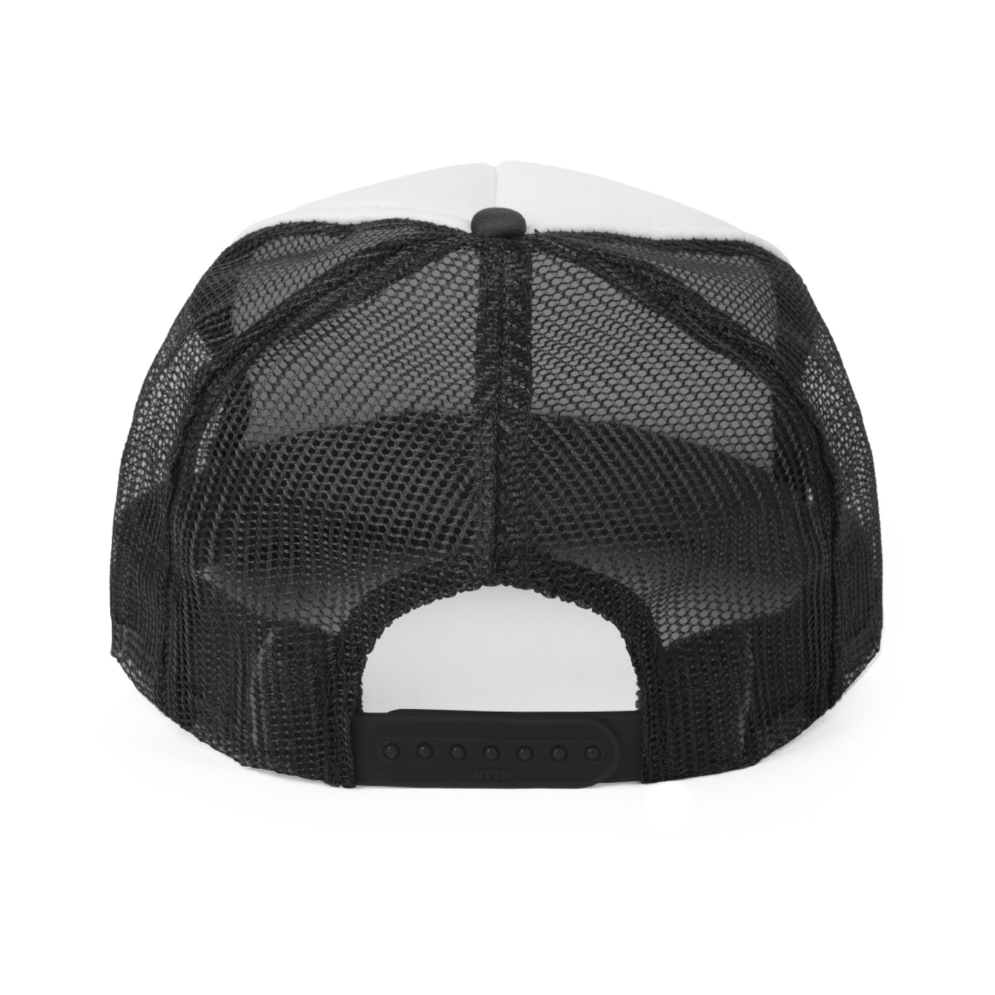 Rear view of a trucker hat with a white front panel and black mesh back. Features an adjustable snap closure for a comfortable fit.