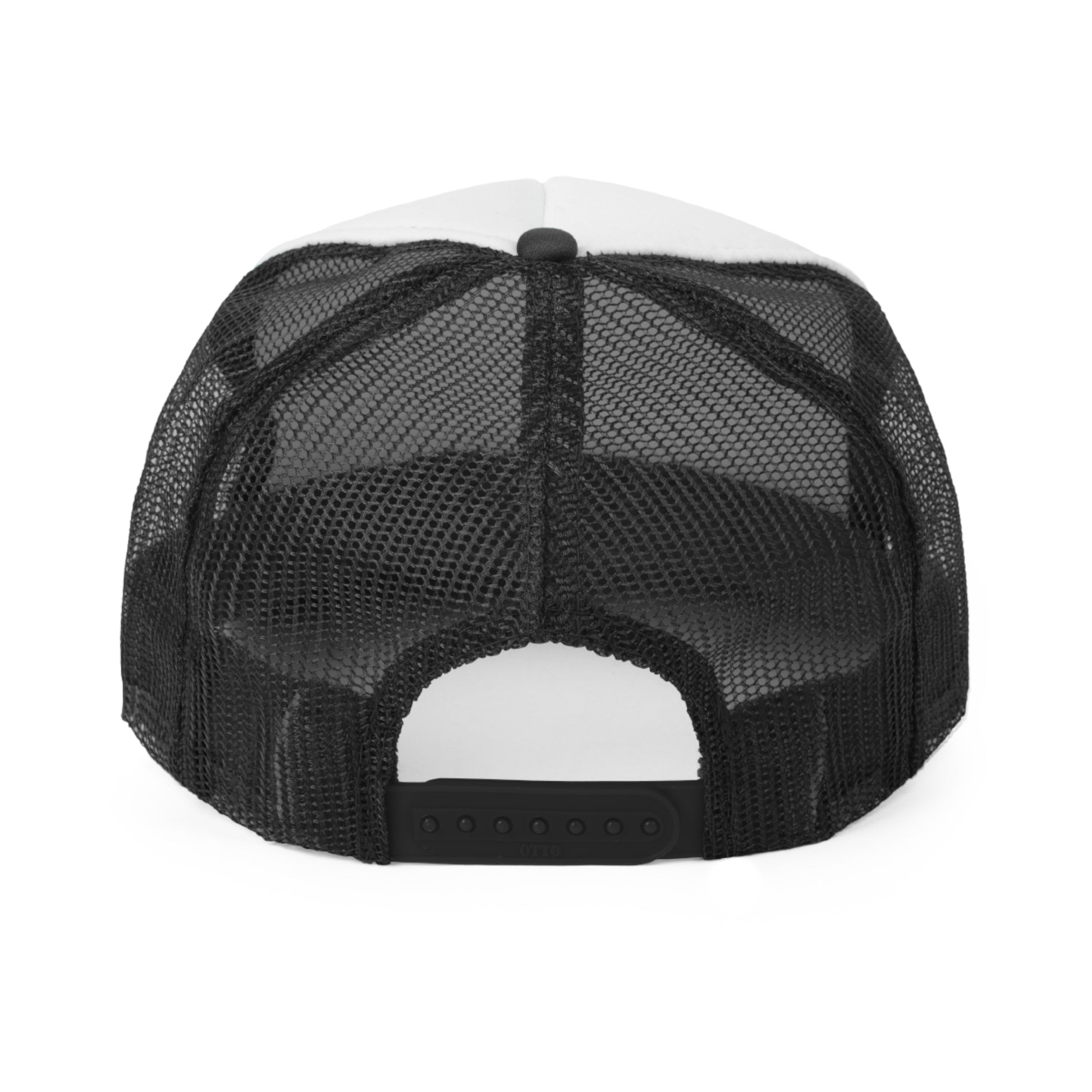 Rear view of a trucker hat with a white front panel and black mesh back. Features an adjustable snap closure for a comfortable fit.