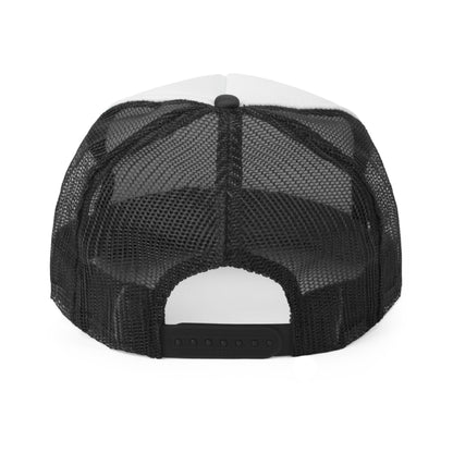 Rear view of a trucker hat with a white front panel and black mesh back. Features an adjustable snap closure for a comfortable fit.