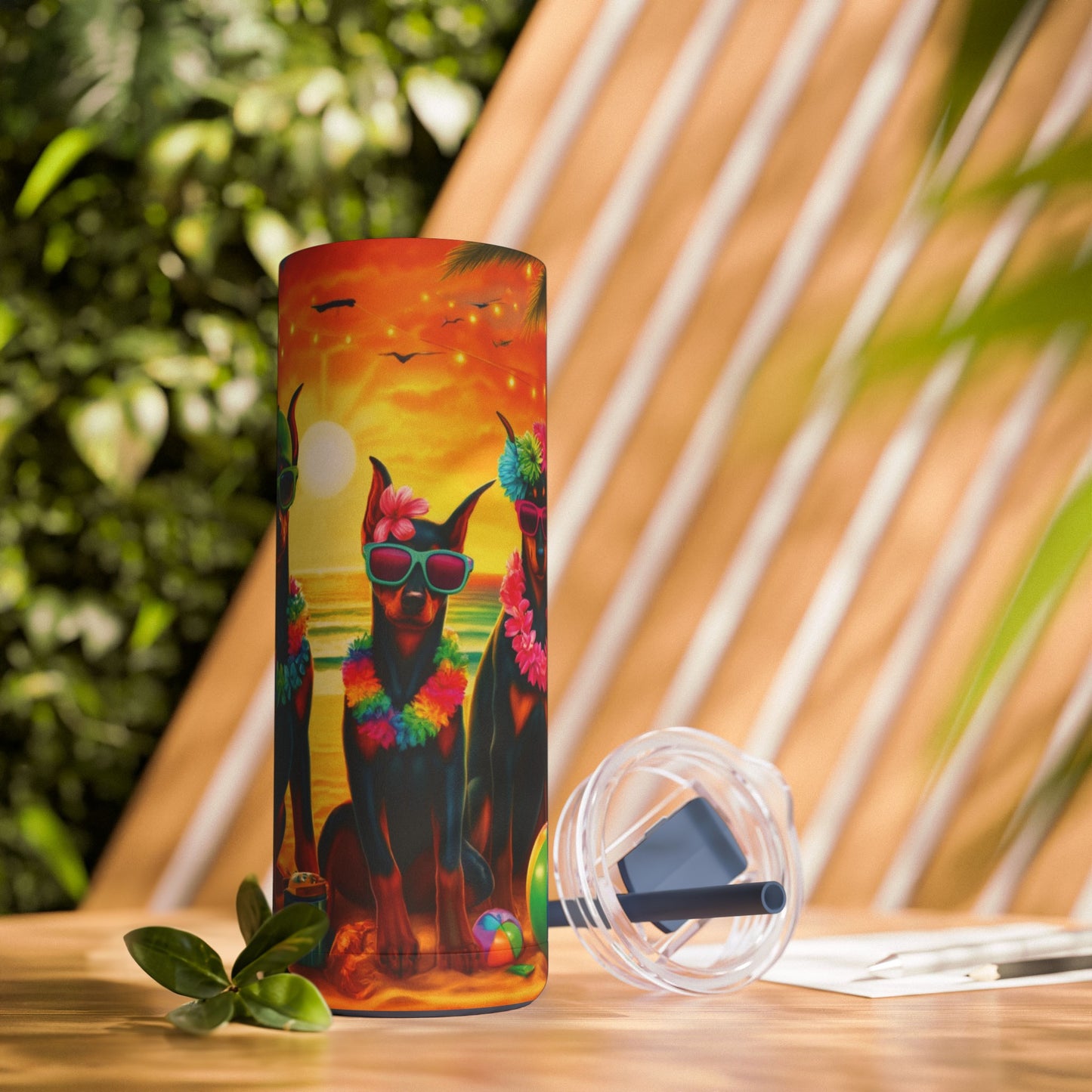 Three Amigos Doberman Beach Party 20oz Stainless Steel Tumbler