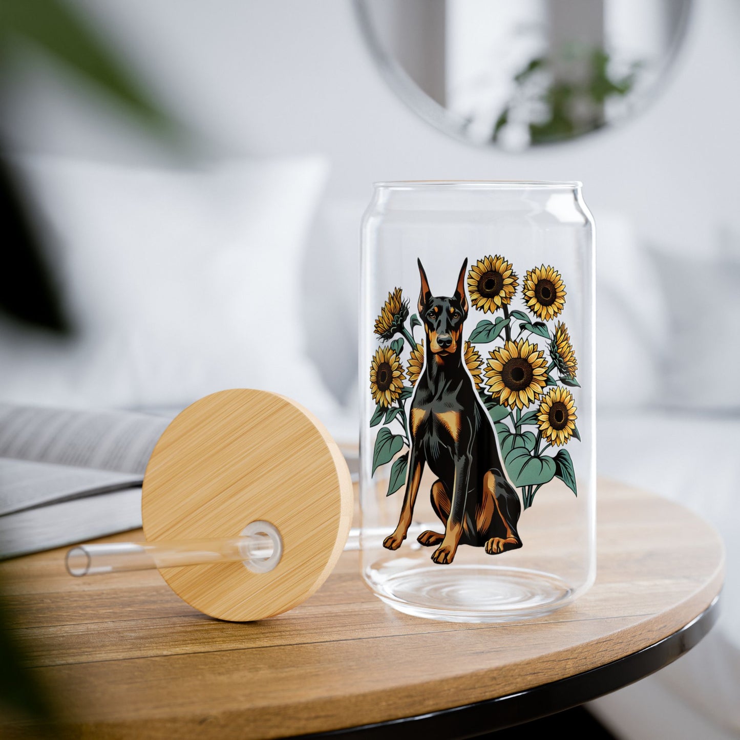 Sipper Glass, Doberman with Sunflowers