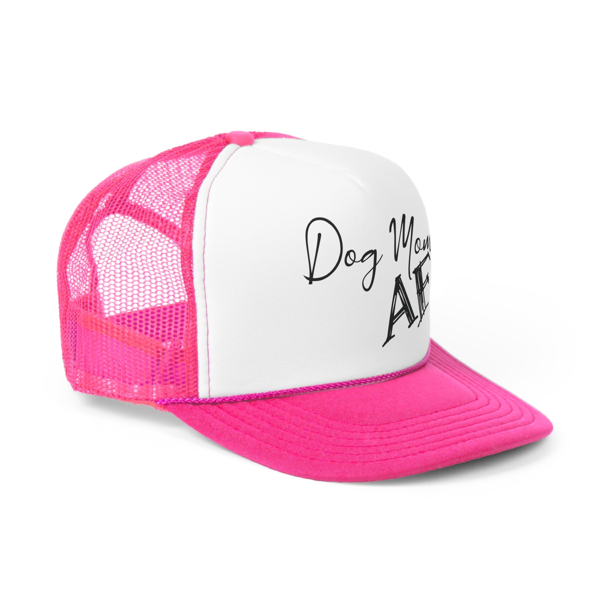 Side view of our vibrant pink Dog Mom AF hat, showing the detailed stitching along the brim.