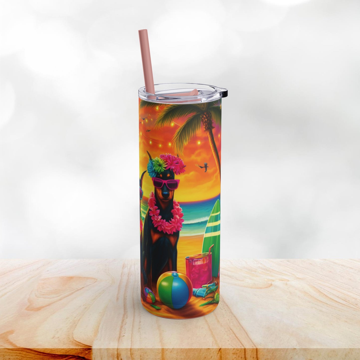 Three Amigos Doberman Beach Party 20oz Stainless Steel Tumbler