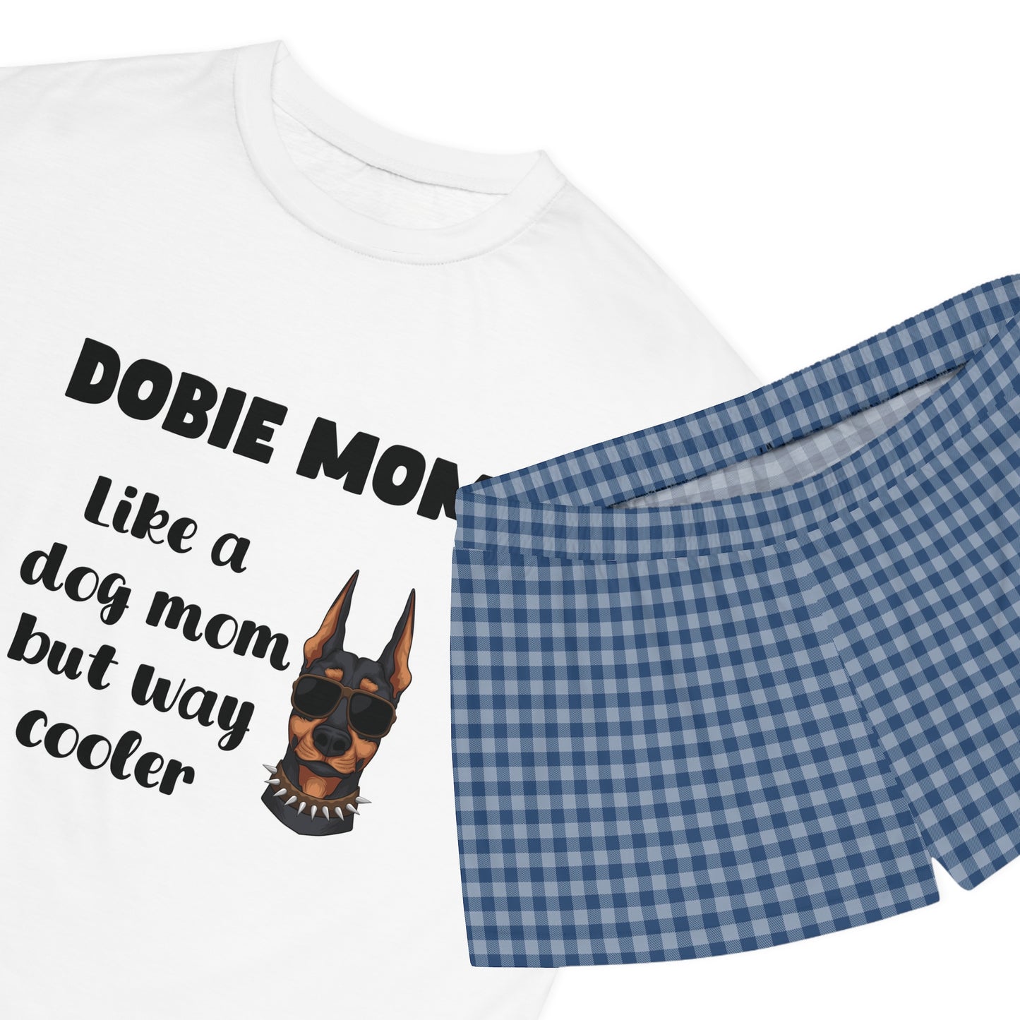 Dobie Mom Pajama Shorts Set With Blue Plaid Patterned Bottoms