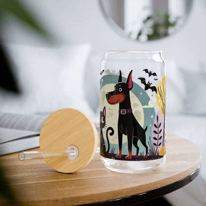 Sipper Glass Halloween Doberman & Black Cat Design, 16oz