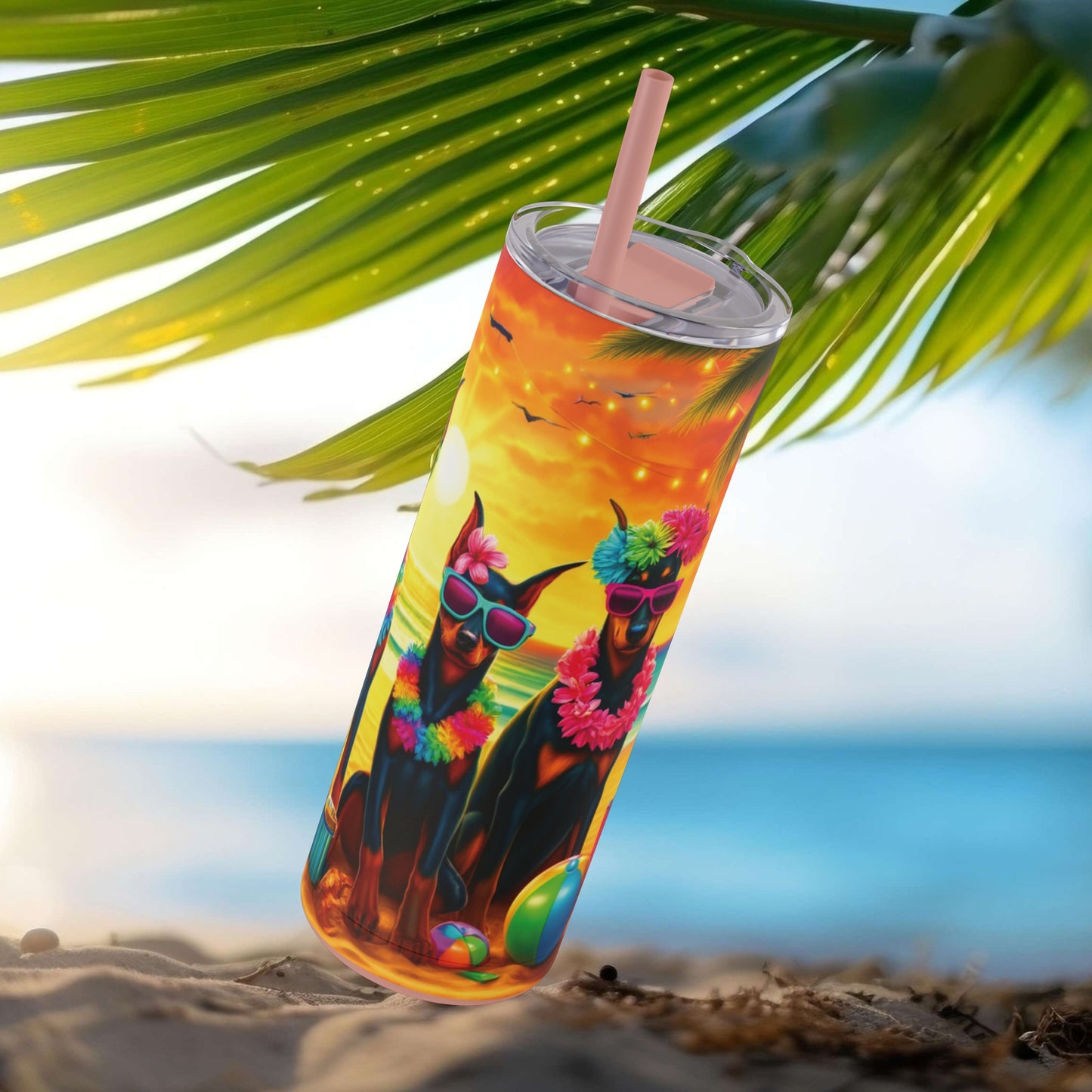 Three Amigos Doberman Beach Party 20oz Stainless Steel Tumbler