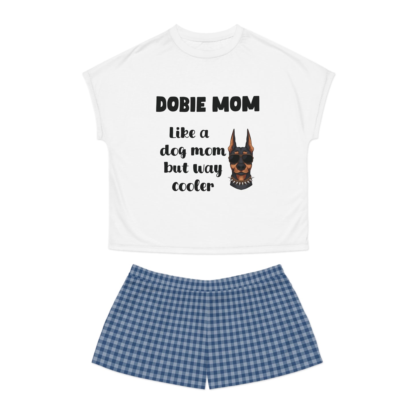 Dobie Mom Pajama Shorts Set With Blue Plaid Patterned Bottoms