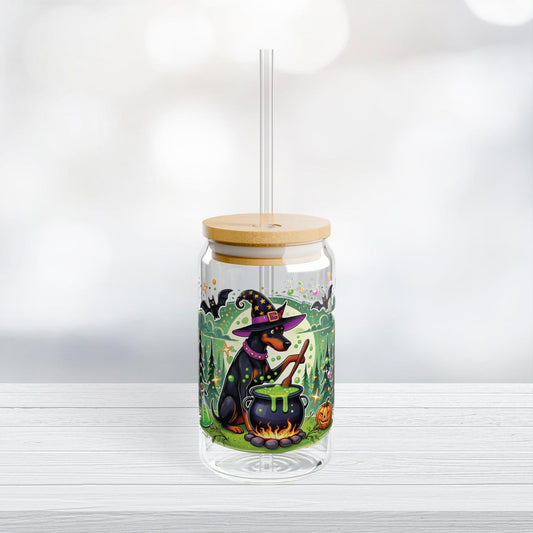 Enchanting Halloween Witch Doberman Glass Can Tumbler