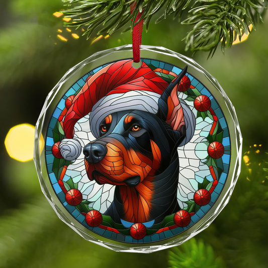 Festive Doberman Stained Glass Holiday Ornament