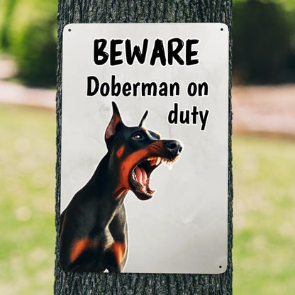 Beware - Doberman on Duty Metal Wall Art Sign