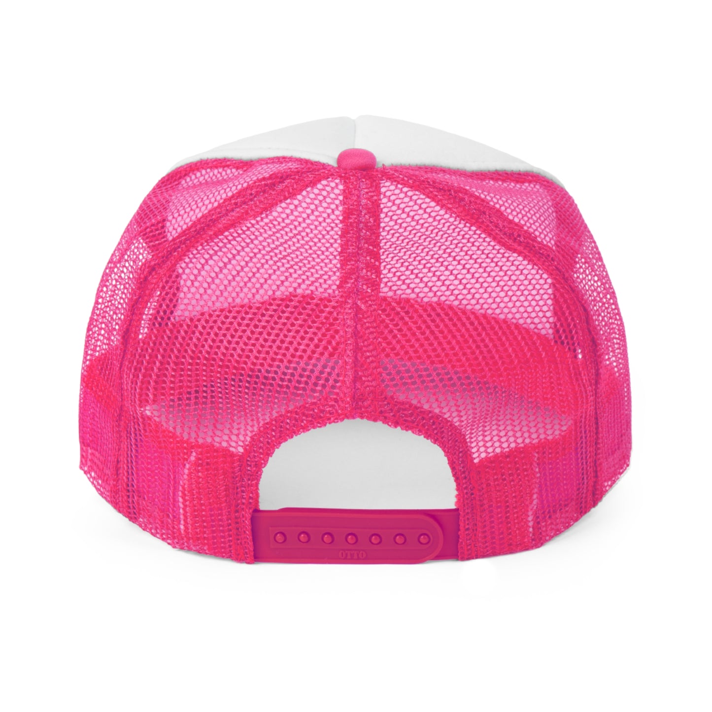 Rear view of a trucker hat with a white front panel and vibrant pink mesh back. Features an adjustable snap closure for a comfortable fit.