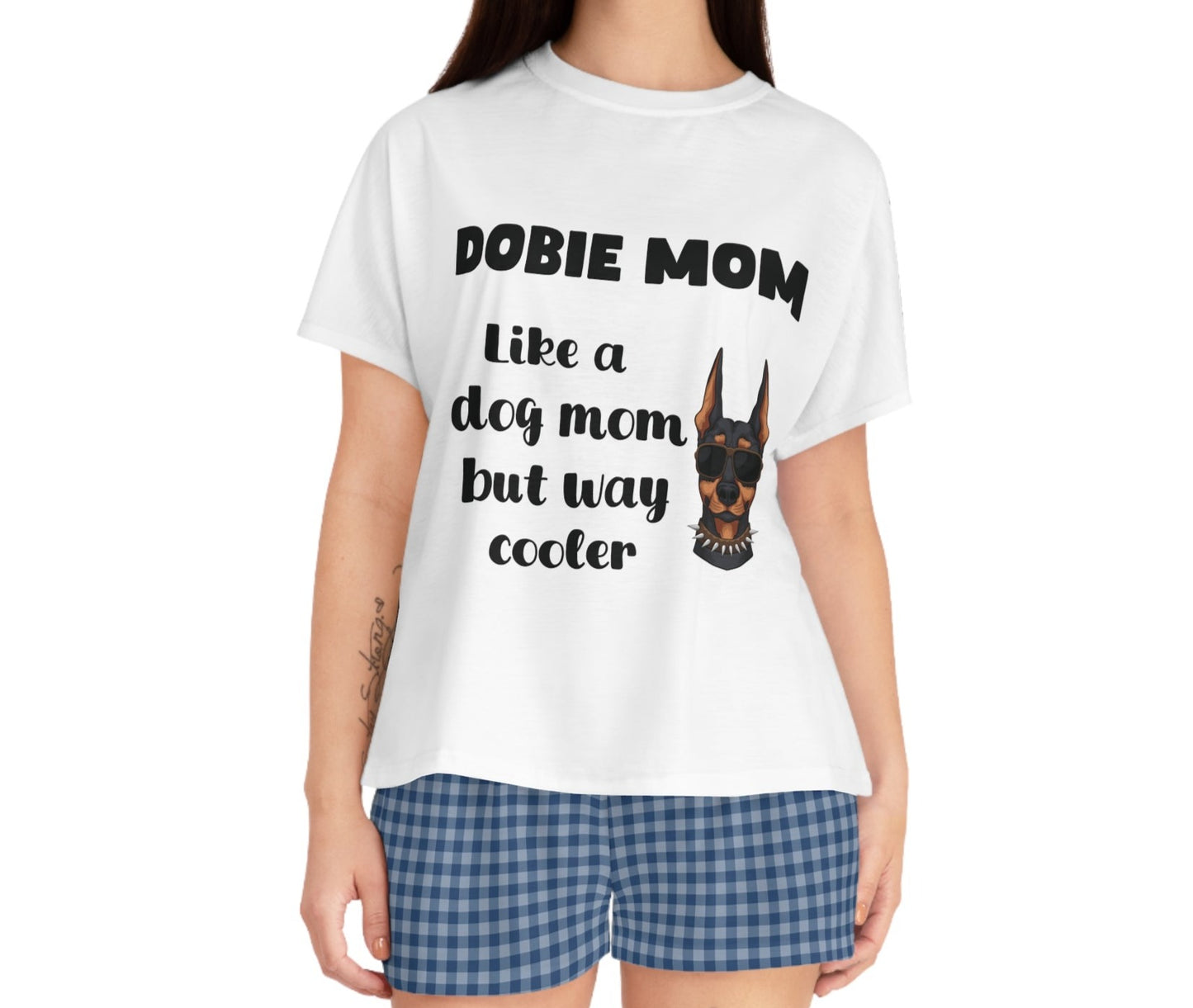 Dobie Mom Pajama Shorts Set With Blue Plaid Patterned Bottoms