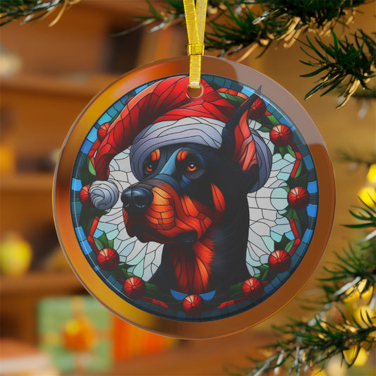 Doberman Wearing Santa Hat Glass Ornaments