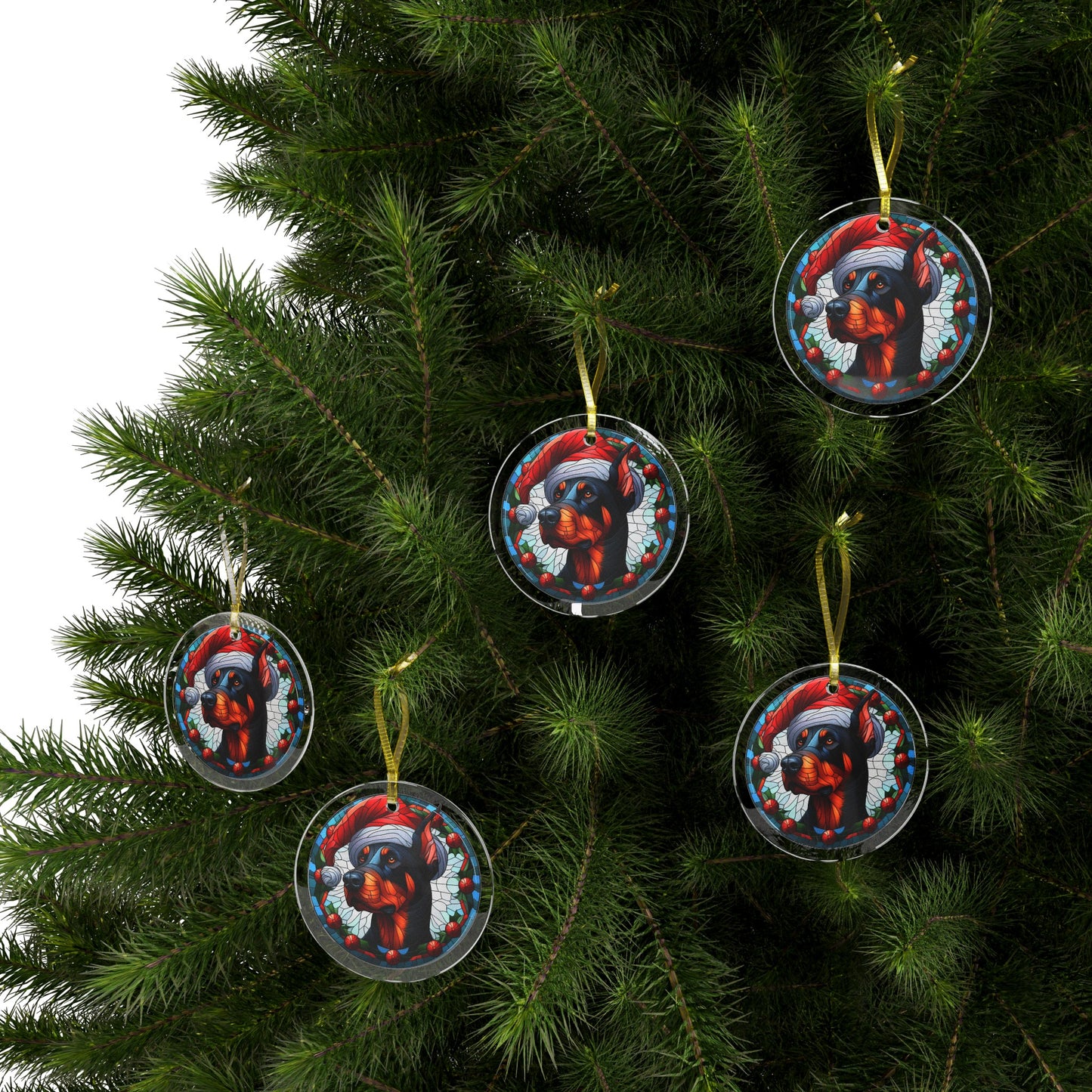 Doberman Wearing Santa Hat Glass Ornaments