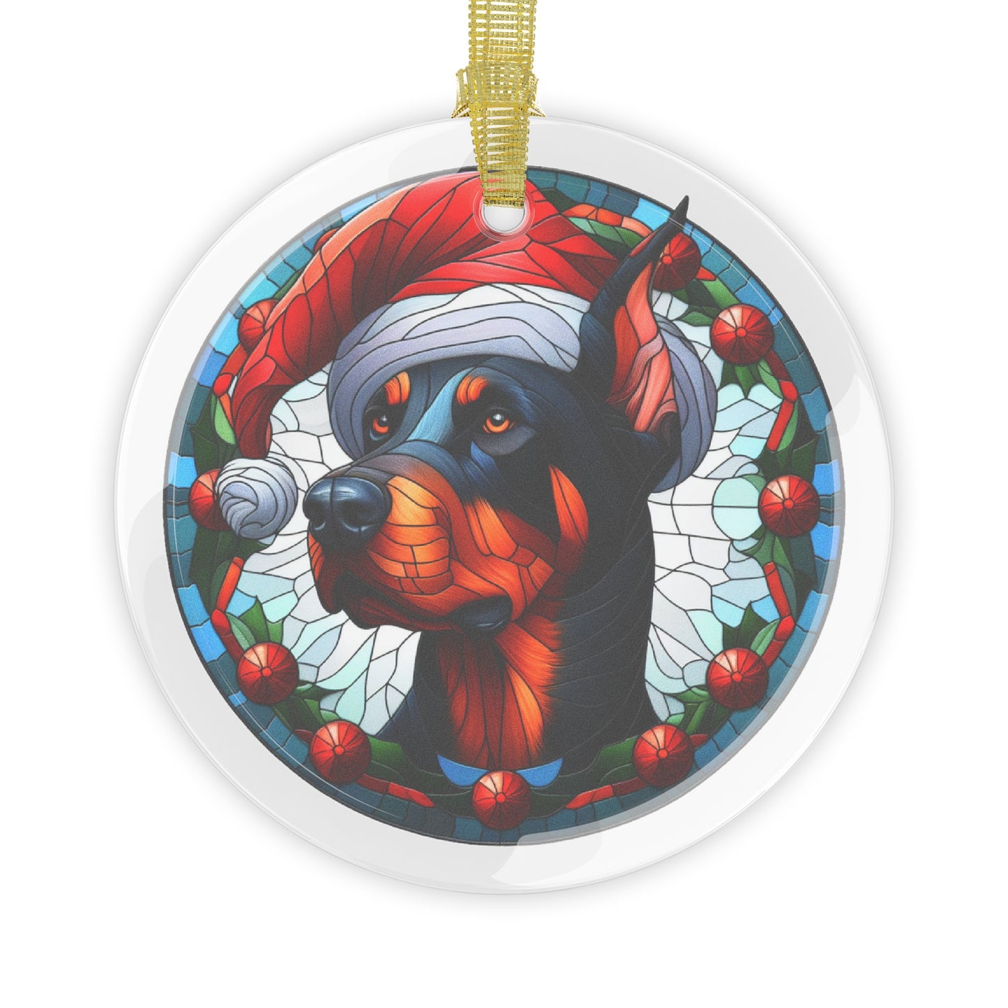 Doberman Wearing Santa Hat Glass Ornaments