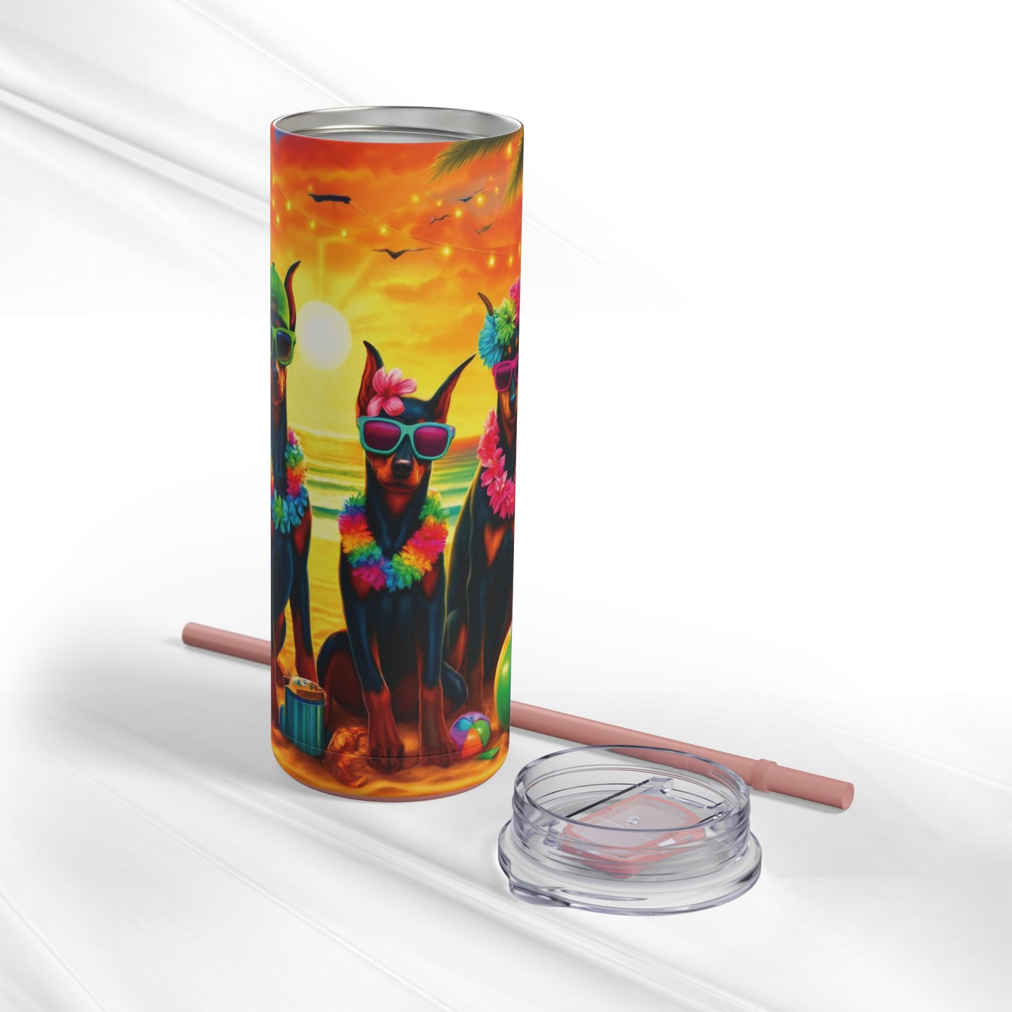 Three Amigos Doberman Beach Party 20oz Stainless Steel Tumbler