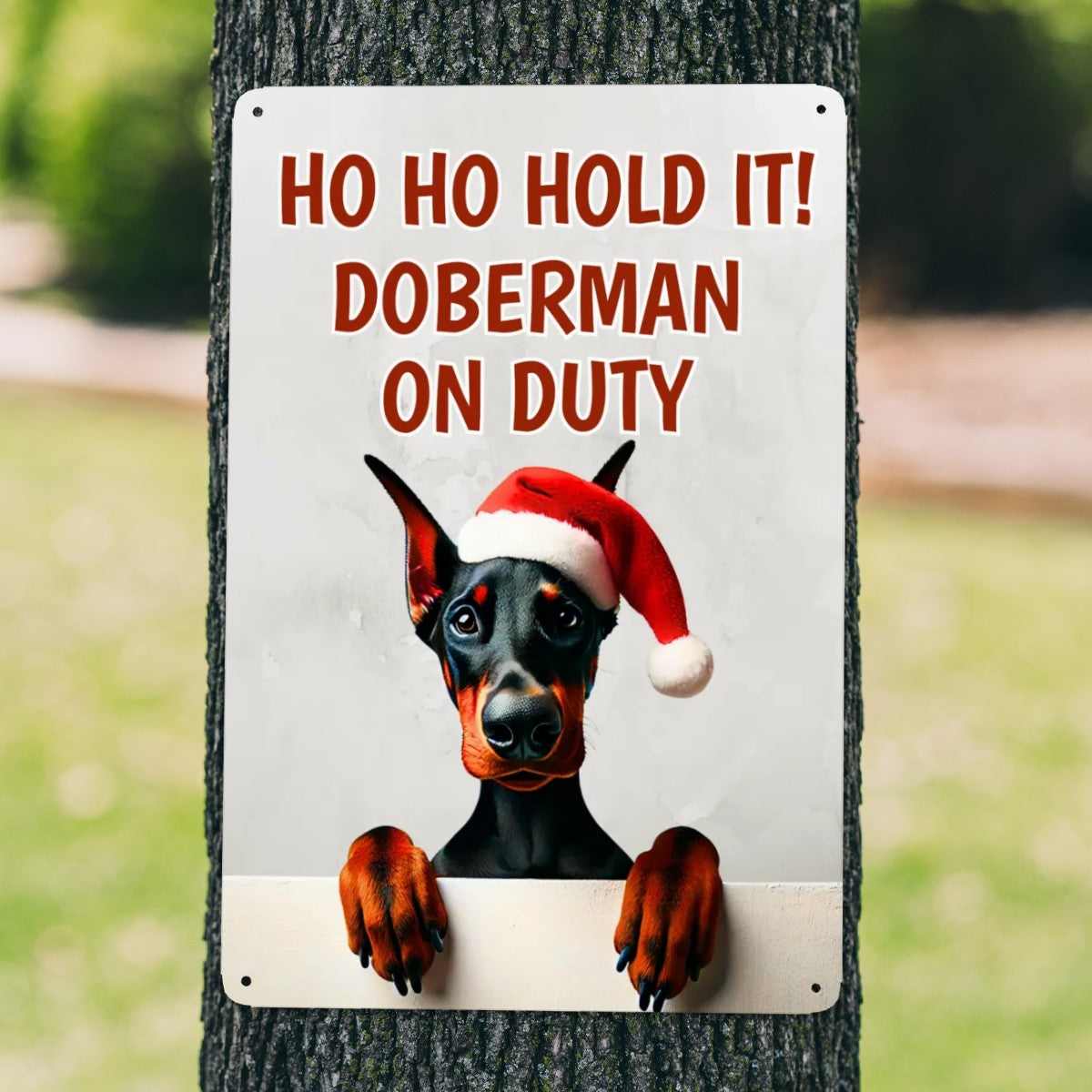 Ho Ho Hold It - Doberman Christmas Metal Wall Art Sign