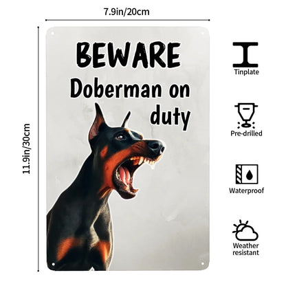 Beware - Doberman on Duty Metal Wall Art Sign