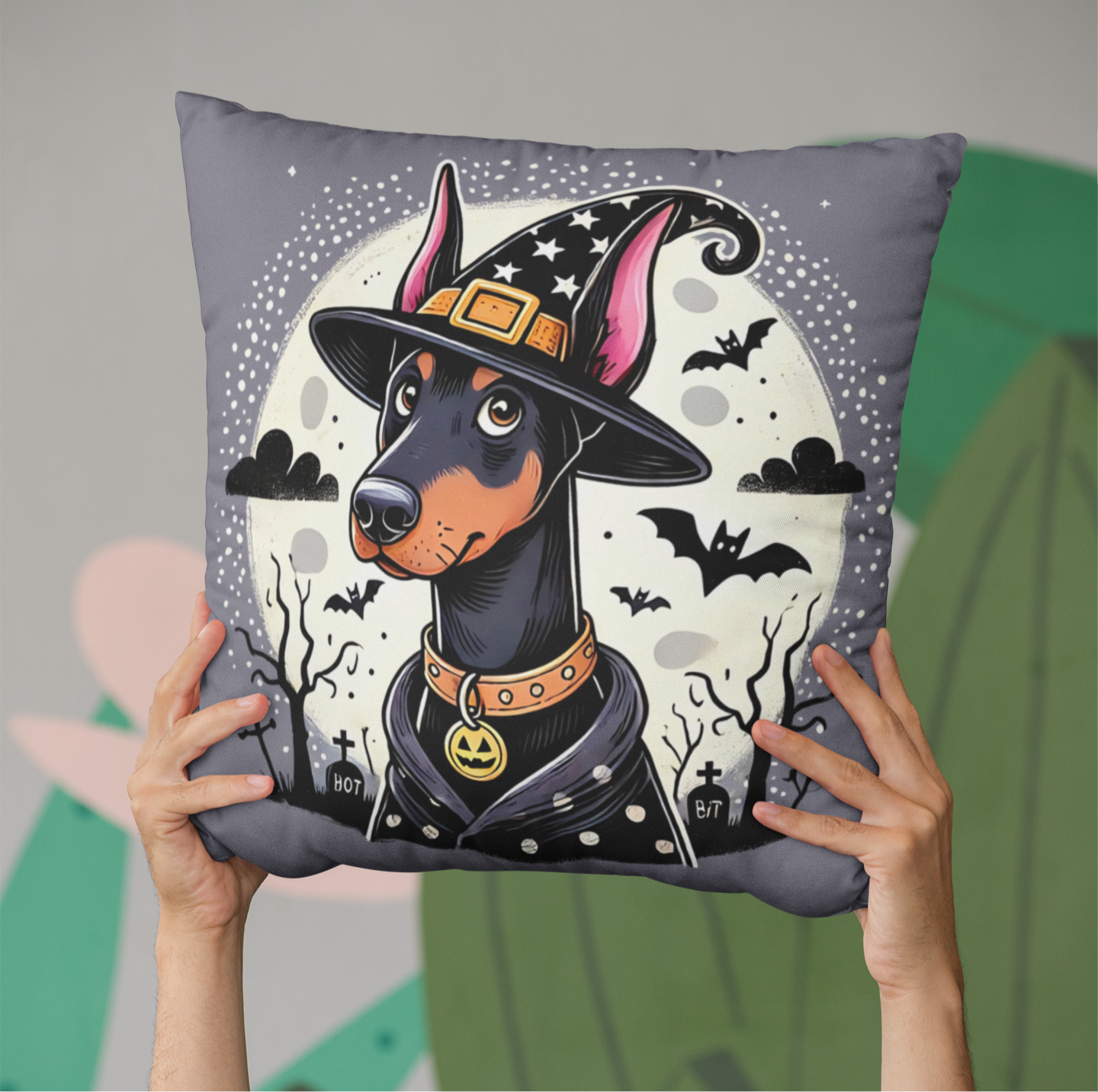 Halloween Witch Doberman Throw Pillow