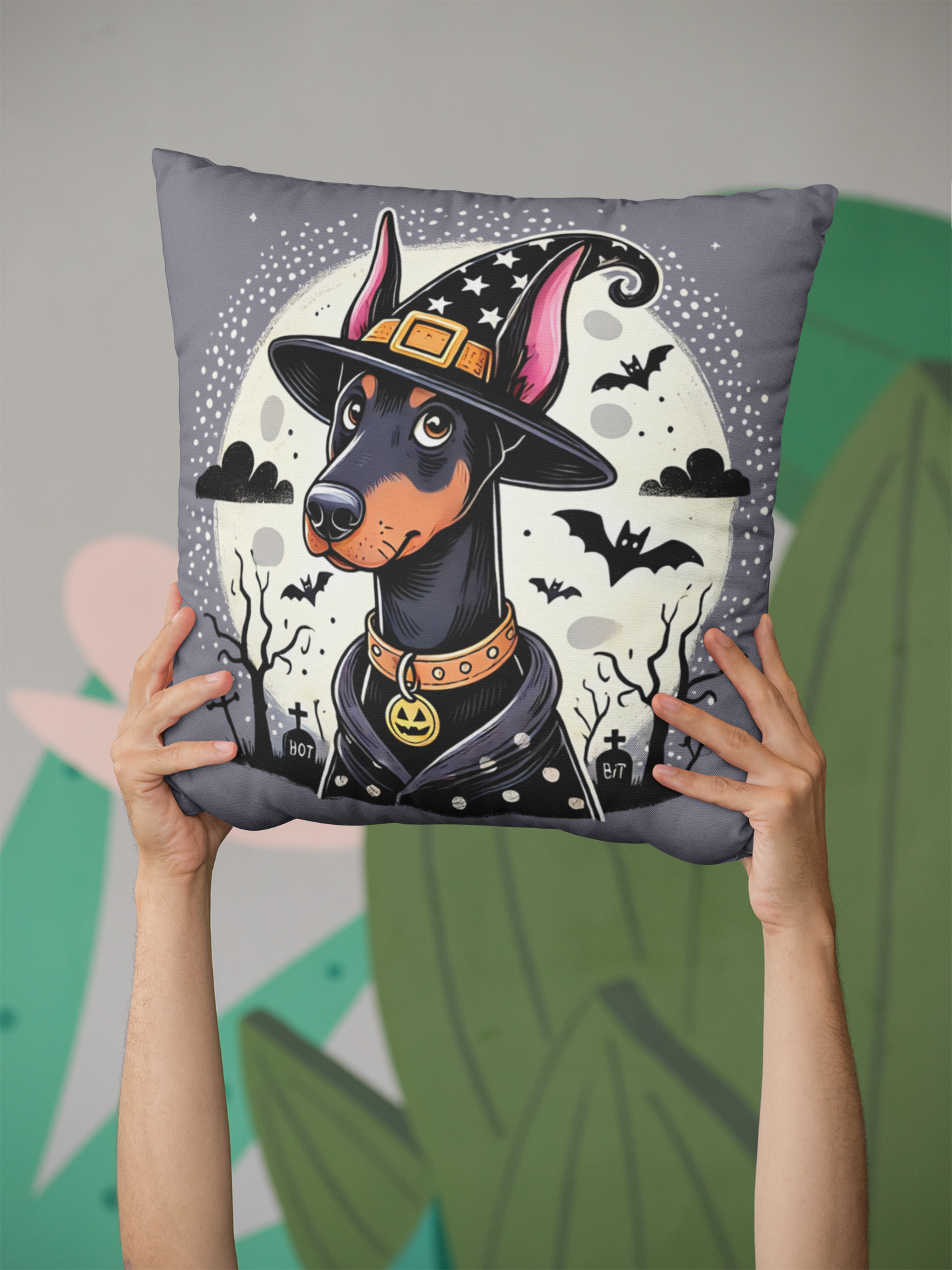 Halloween Witch Doberman Throw Pillow