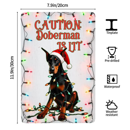 Caution: Doberman Is Lit - Christmas Metal Wall Art Sign