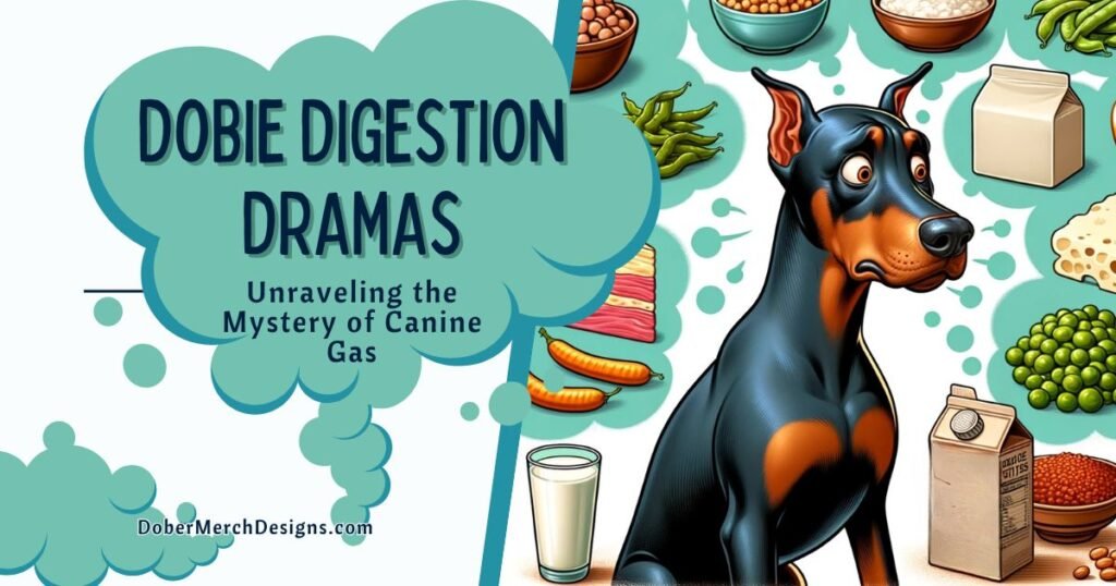 Illustration of a concerned Doberman surrounded by various foods like beans, dairy, and vegetables. Text reads: 'Dobie Digestion Dramas – Unraveling the Mystery of Canine Gas.' DoberMerchDesigns.com is displayed at the bottom.