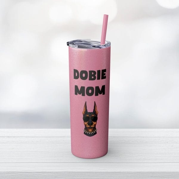 Dobie Mom Glitter Tumbler with Straw, 20oz