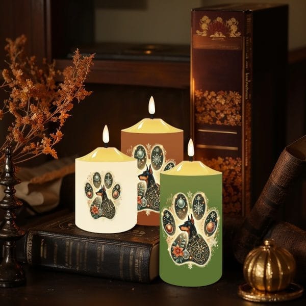 Festive Doberman LED Candle Set - Folk Art Paw Print Design - Pet-Safe Holiday Decor - Set of 3 Battery-Operated Flameless Candles - Image 3