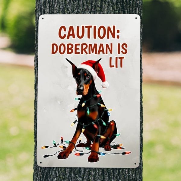 Caution: Doberman is Lit Christmas Metal Sign - 8"x12" Holiday Decor - Dog Lover Gift - Indoor/Outdoor Illuminated Design - Image 4