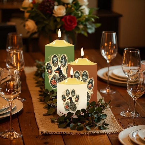 Festive Doberman LED Candle Set - Folk Art Paw Print Design - Pet-Safe Holiday Decor - Set of 3 Battery-Operated Flameless Candles - Image 2