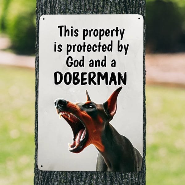 "Protected by God and a Doberman" - Premium Metal Faith & Security Sign | Inspirational Dog Warning Sign | Support Doberman Rescue