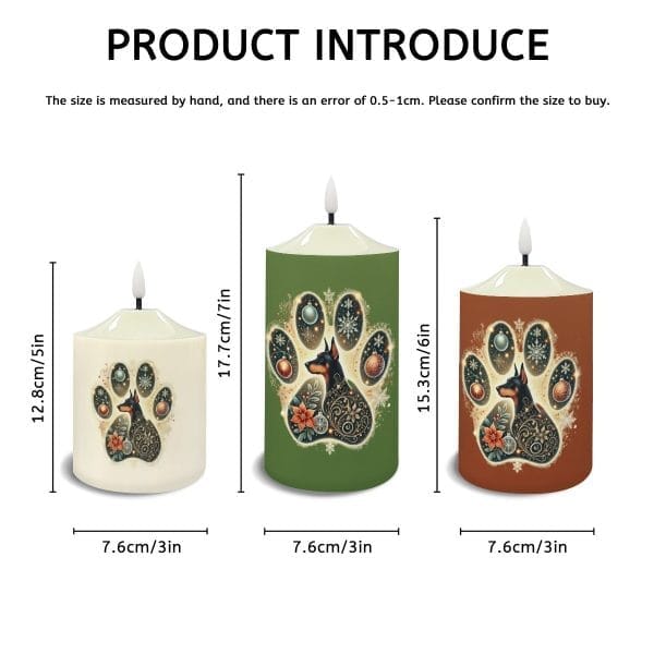 Festive Doberman LED Candle Set - Folk Art Paw Print Design - Pet-Safe Holiday Decor - Set of 3 Battery-Operated Flameless Candles - Image 5