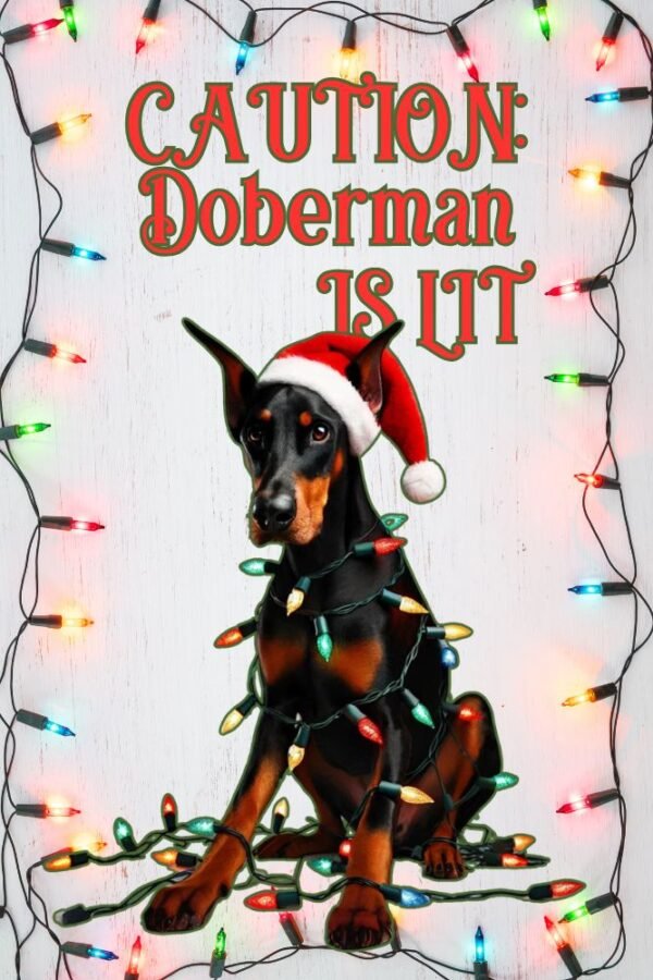 Funny Metal Christmas Sign "Caution: Doberman is Lit"