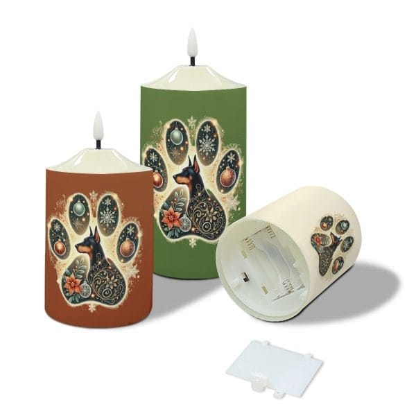 Festive Doberman LED Candle Set - Folk Art Paw Print Design - Pet-Safe Holiday Decor - Set of 3 Battery-Operated Flameless Candles - Image 4