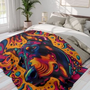 Psychedelic Doberman Arctic Fleece Blanket on a bed in a neutral colored bedroom to make the artwork on the blanket stand out