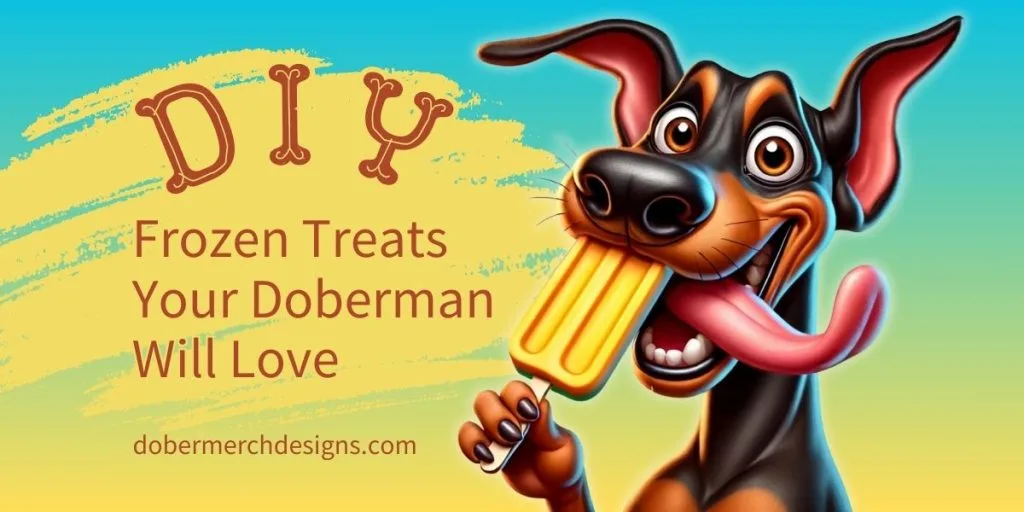 Cartoon illustration of an excited Doberman holding an orange popsicle against a blue-yellow gradient background, with text reading 'DIY Frozen Treats Your Doberman Will Love' and website URL dobermerchdesigns.com