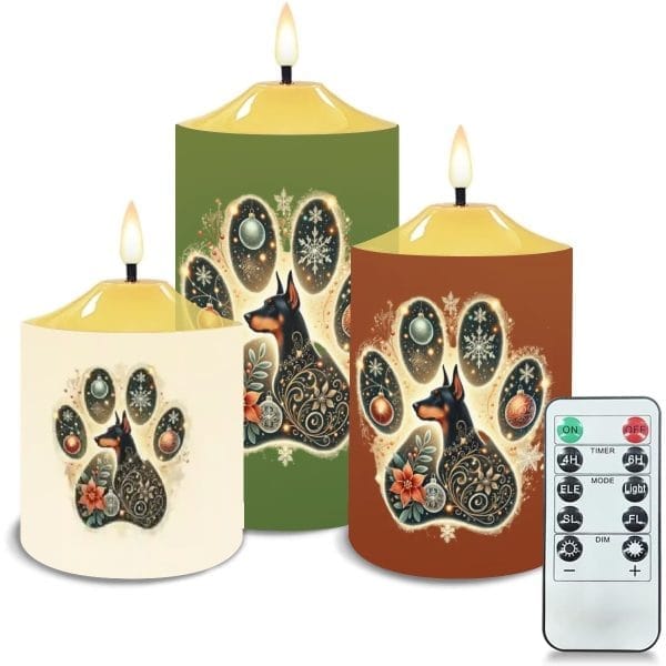 Festive Doberman LED Candle Set - Folk Art Paw Print Design - Pet-Safe Holiday Decor - Set of 3 Battery-Operated Flameless Candles