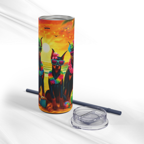 Tropical Sunset Doberman Luau 20oz Stainless Steel Tumbler - Hawaiian Beach Party Dog Design