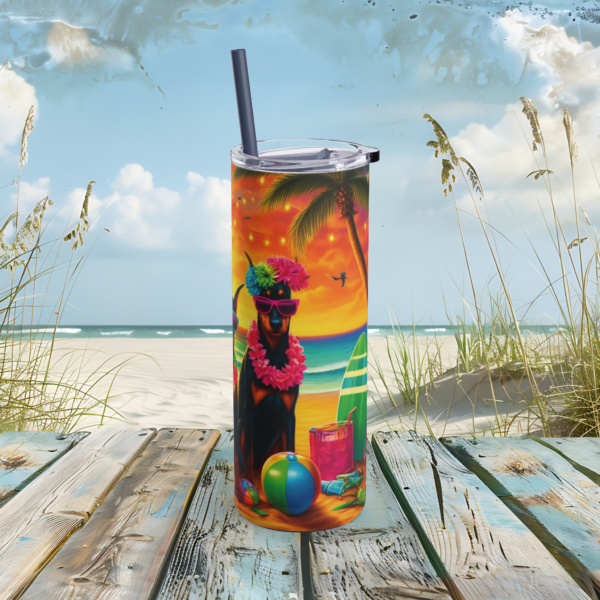 Tropical Sunset Doberman Luau 20oz Stainless Steel Tumbler - Hawaiian Beach Party Dog Design - Image 2