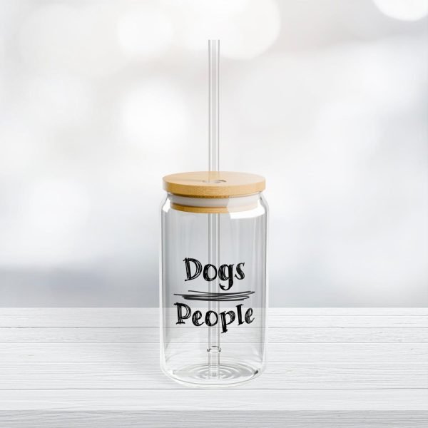 Can Shaped Glass With Lid and Straw: Dogs over people in handwritten scrawl font - Image 2