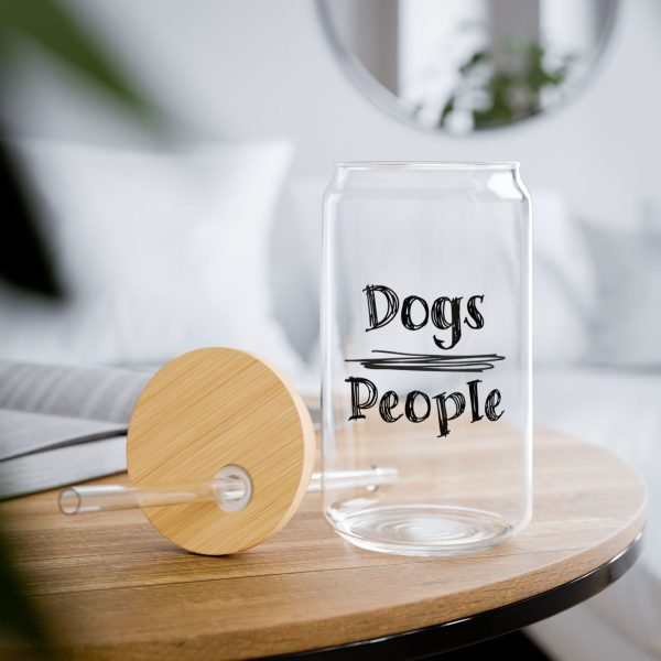 Can Shaped Glass With Lid and Straw: Dogs over people in handwritten scrawl font - Image 3