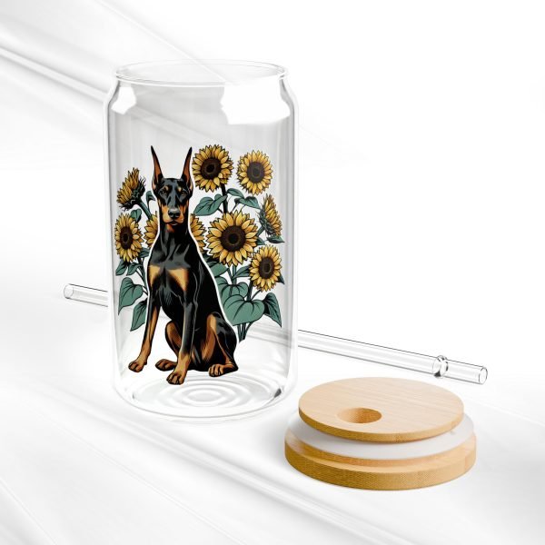 Can Shaped Glass With Lid And Straw, 16oz: Doberman with Sunflowers - Image 2