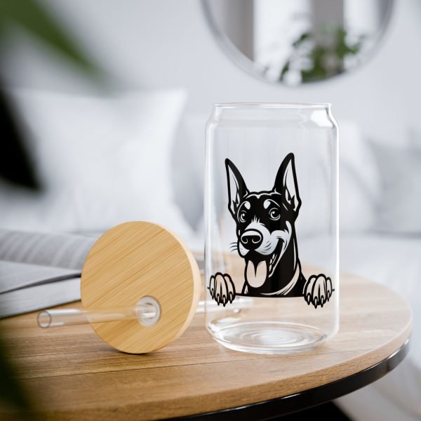 Can Shaped Glass With Lid and Straw: Peeking Doberman - Image 3