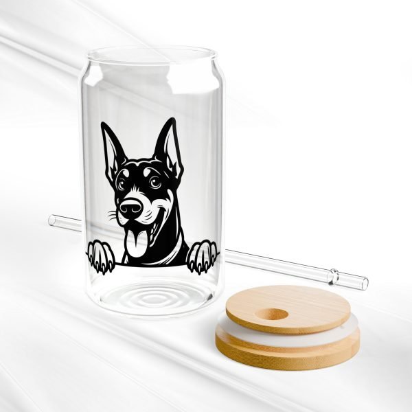 Can Shaped Glass With Lid and Straw: Peeking Doberman