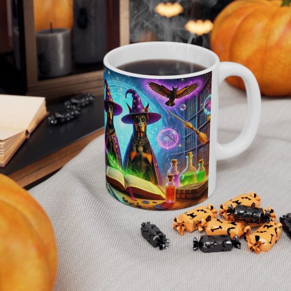 Ceramic Mug For Halloween Dobie Lovers: "Mystical Doberman Wizardry"