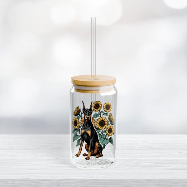 Can Shaped Glass With Lid And Straw, 16oz: Doberman with Sunflowers